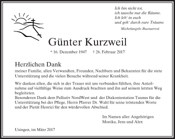 Traueranzeige von Günter Kurzweil von  Usinger Anzeiger