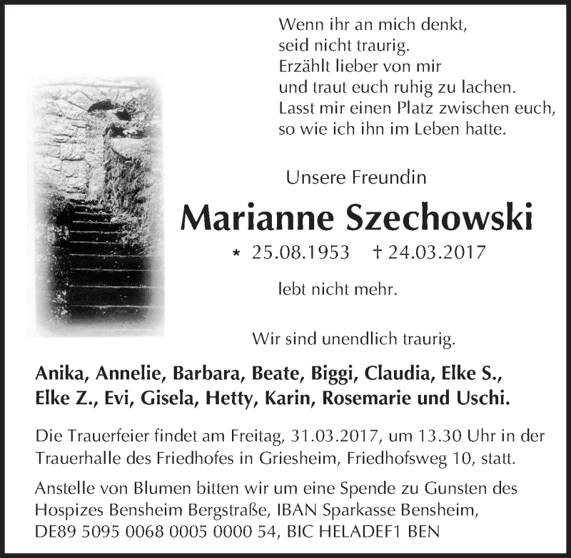  Traueranzeige für Marianne Szechowski vom 29.03.2017 aus Trauerportal Echo Online