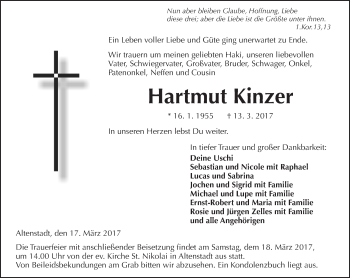 Traueranzeige von Hartmut Kinzer von  Kreisanzeiger