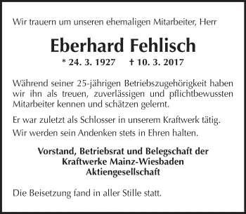 Traueranzeige von Eberhard Fehlisch von Trauerportal Rhein Main Presse