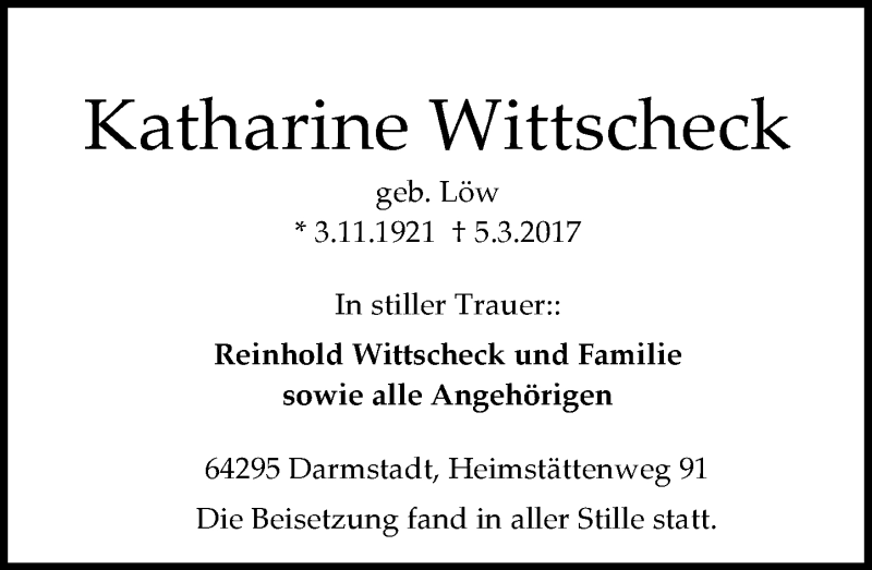  Traueranzeige für Katharine Wittscheck vom 18.03.2017 aus Trauerportal Echo Online