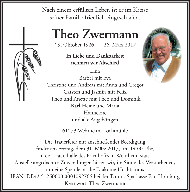  Traueranzeige für Theo Zwermann vom 28.03.2017 aus  Usinger Anzeiger