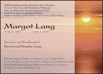 Traueranzeige von Margot Lang von Trauerportal Echo Online