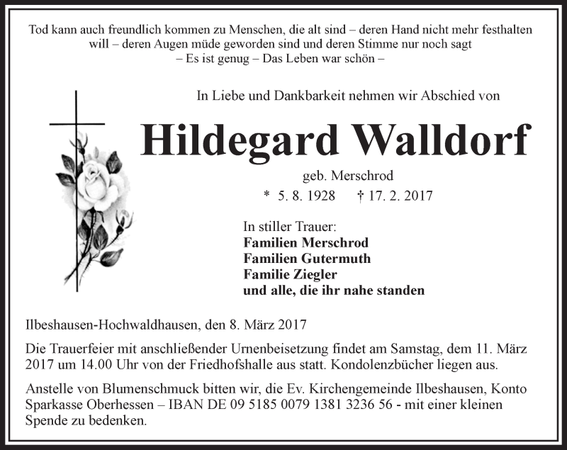  Traueranzeige für Hildegard Walldorf vom 08.03.2017 aus VRM Trauer