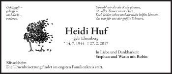 Traueranzeige von Heidi Huf von Trauerportal Rhein Main Presse
