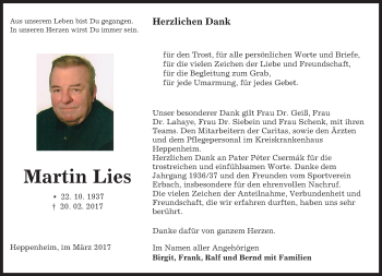 Traueranzeige von Martin Lies von Trauerportal Echo Online