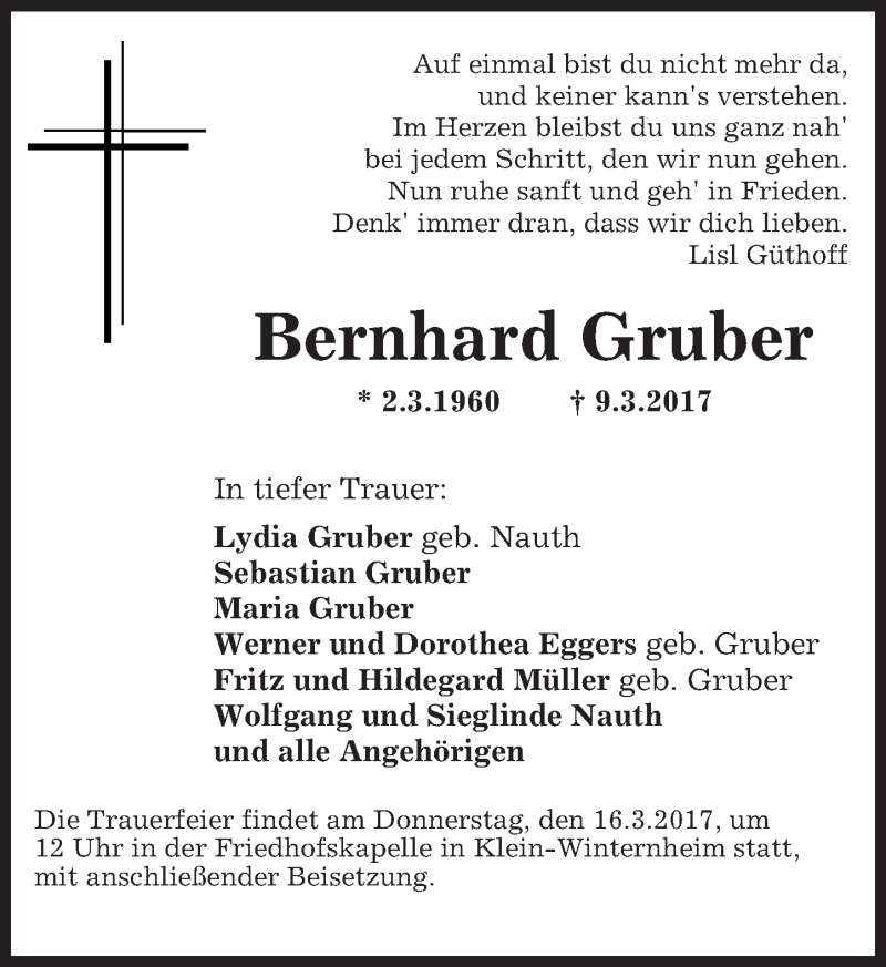  Traueranzeige für Bernhard Gruber vom 14.03.2017 aus Trauerportal Rhein Main Presse
