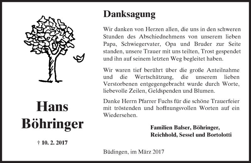  Traueranzeige für Hans Böhringer vom 11.03.2017 aus  Kreisanzeiger
