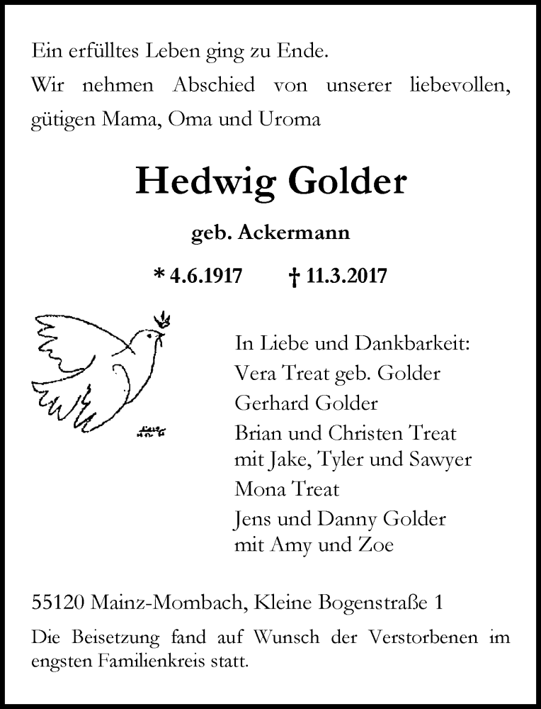  Traueranzeige für Hedwig Golder vom 25.03.2017 aus Trauerportal Rhein Main Presse
