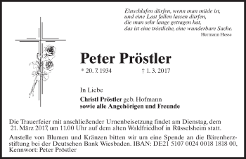 Traueranzeige von Peter Pröstler von Trauerportal Rhein Main Presse