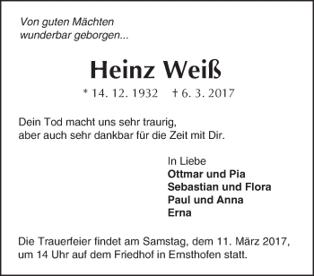 Traueranzeige von Heinz Weiß von Trauerportal Rhein Main Presse