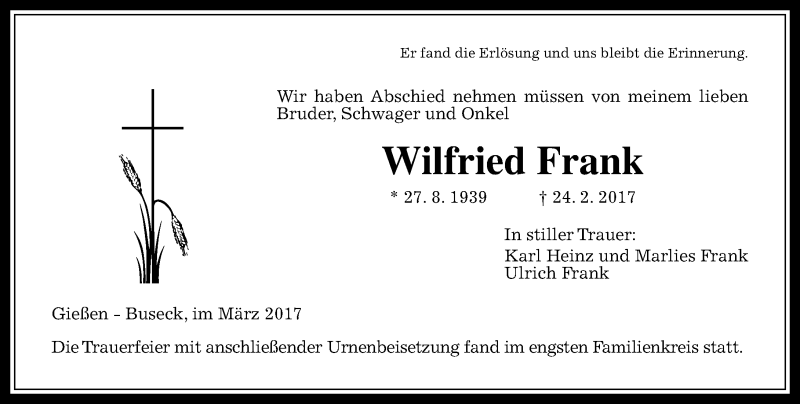  Traueranzeige für Wilfried Frank vom 11.03.2017 aus  Gießener Anzeiger