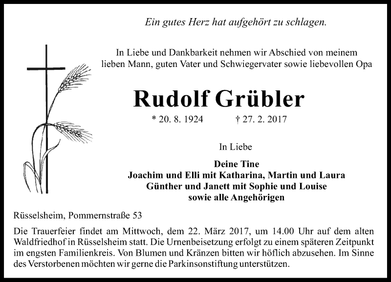  Traueranzeige für Rudolf Grübler vom 11.03.2017 aus Trauerportal Rhein Main Presse