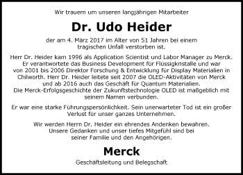 Traueranzeige von Udo Heider von Trauerportal Echo Online