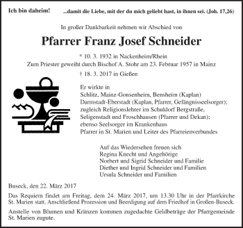 Traueranzeige von Franz Josef Schneider von  Gießener Anzeiger