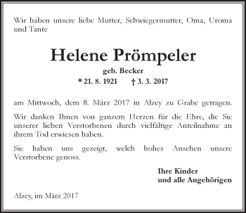 Traueranzeige von Helene Prömpeler von Trauerportal Rhein Main Presse