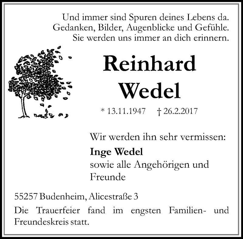  Traueranzeige für Reinhard Wedel vom 04.03.2017 aus Trauerportal Rhein Main Presse