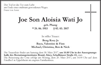 Traueranzeige von Joe Son Aloisia Wati Jo von Trauerportal Rhein Main Presse