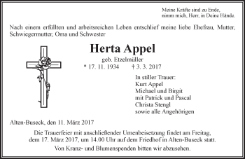 Traueranzeige von Herta Appel von  Gießener Anzeiger