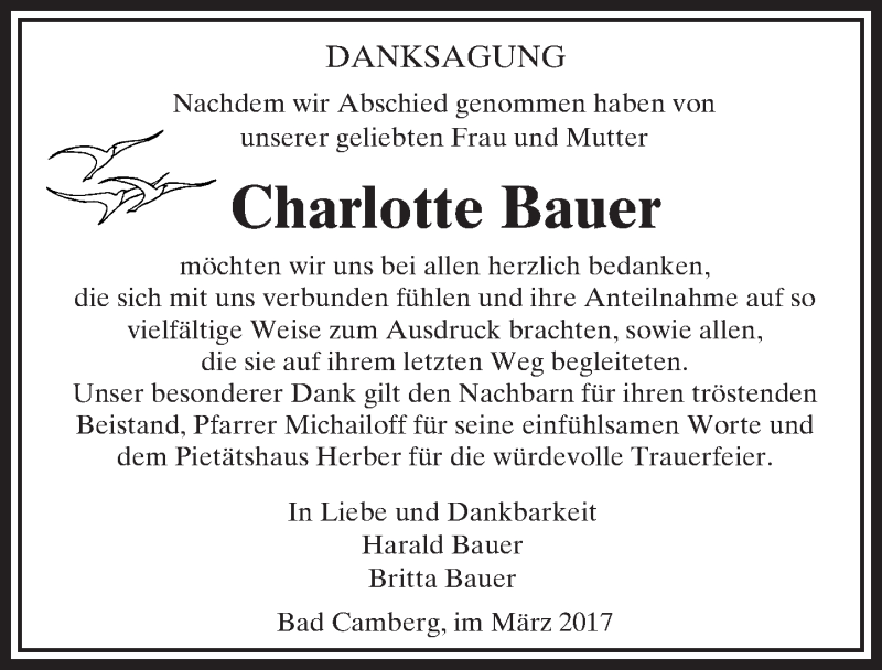  Traueranzeige für Charlotte Bauer vom 16.03.2017 aus  Camberger Anzeiger