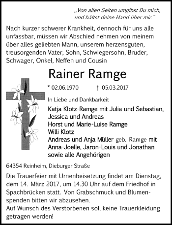 Traueranzeige von Rainer Ramge von Trauerportal Echo Online
