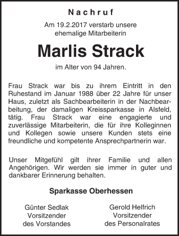 Traueranzeige von Marlis Strack von VRM Trauer