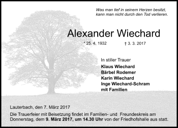 Traueranzeige von Alexander Wiechard von VRM Trauer