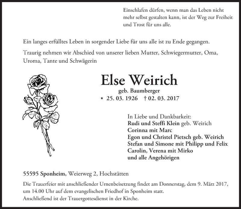  Traueranzeige für Else Weirich vom 07.03.2017 aus Trauerportal Rhein Main Presse