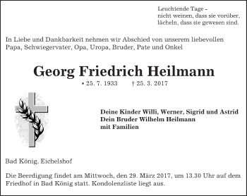 Traueranzeige von Georg Heilmann von Trauerportal Echo Online