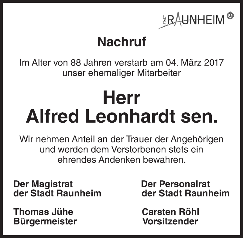  Traueranzeige für Alfred Leonhardt vom 09.03.2017 aus Trauerportal Rhein Main Presse
