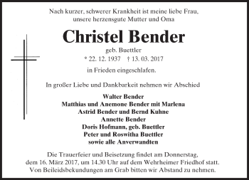 Traueranzeige von Christel Bender von  Usinger Anzeiger