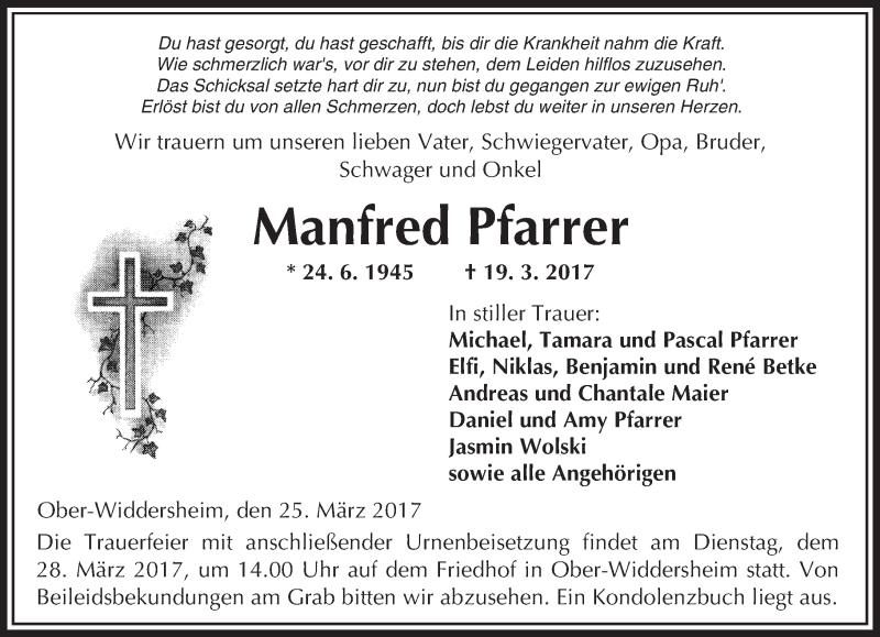  Traueranzeige für Manfred Pfarrer vom 25.03.2017 aus  Kreisanzeiger