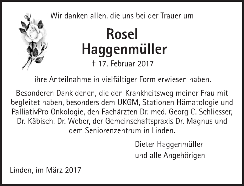  Traueranzeige für Rosel Haggenmüller vom 11.03.2017 aus  Gießener Anzeiger