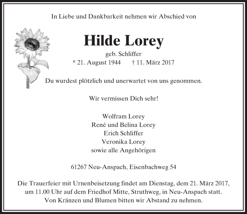 Traueranzeige für Hilde Lorey vom 16.03.2017 aus  Usinger Anzeiger