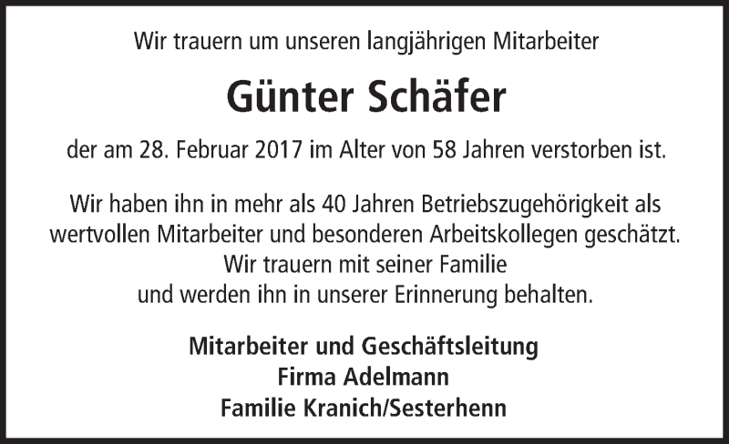  Traueranzeige für Günter Schäfer vom 11.03.2017 aus Trauerportal Echo Online