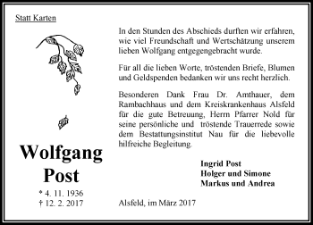 Traueranzeige von Wolfgang Post von VRM Trauer