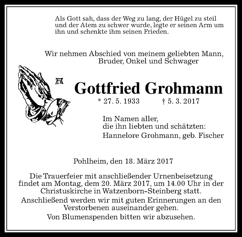  Traueranzeige für Gottfried Grohmann vom 18.03.2017 aus  Gießener Anzeiger