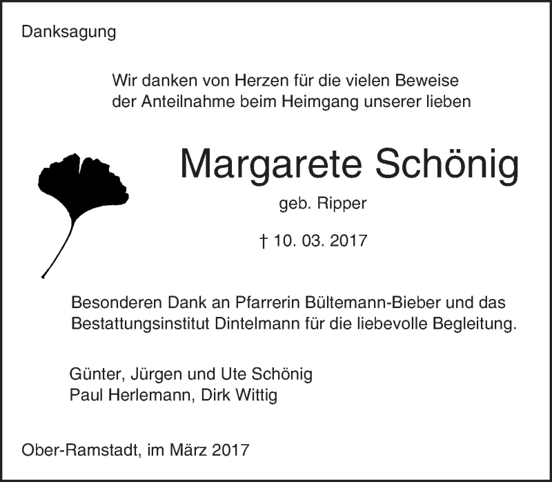  Traueranzeige für Margarete Schönig vom 25.03.2017 aus Trauerportal Echo Online