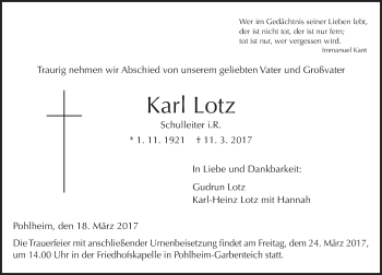 Traueranzeige von Karl Lotz von  Gießener Anzeiger