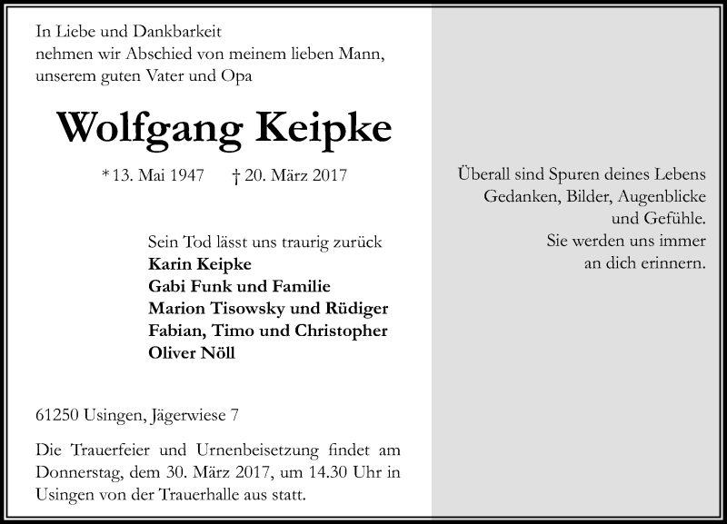  Traueranzeige für Wolfgang Keipke vom 28.03.2017 aus  Usinger Anzeiger