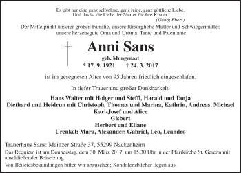Traueranzeige von Anni Sans von Trauerportal Rhein Main Presse