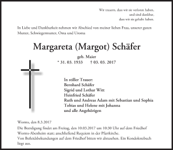 Traueranzeige von Margareta Schäfer von Trauerportal Rhein Main Presse