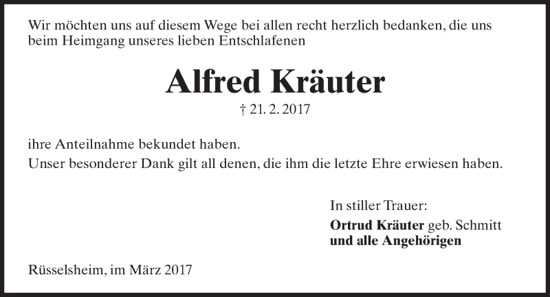  Traueranzeige für Alfred Kräuter vom 18.03.2017 aus Trauerportal Rhein Main Presse