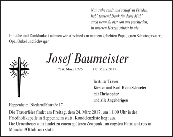 Traueranzeige von Josef Baumeister von Trauerportal Echo Online