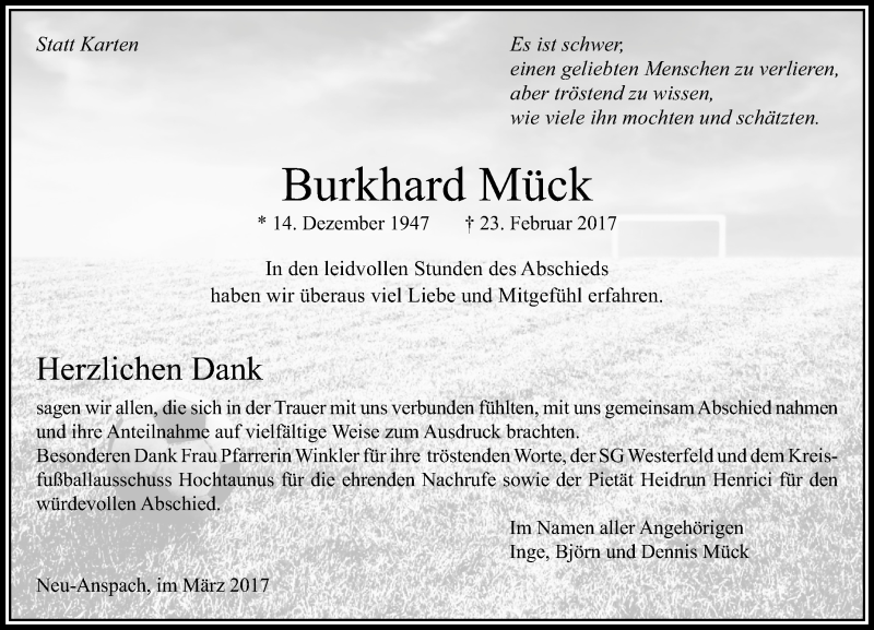  Traueranzeige für Burkhard Mück vom 25.03.2017 aus  Usinger Anzeiger