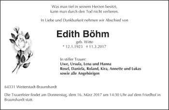 Traueranzeige von Edith Böhm von Trauerportal Echo Online