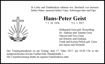 Traueranzeige von Hans-Peter Geist von  Gießener Anzeiger