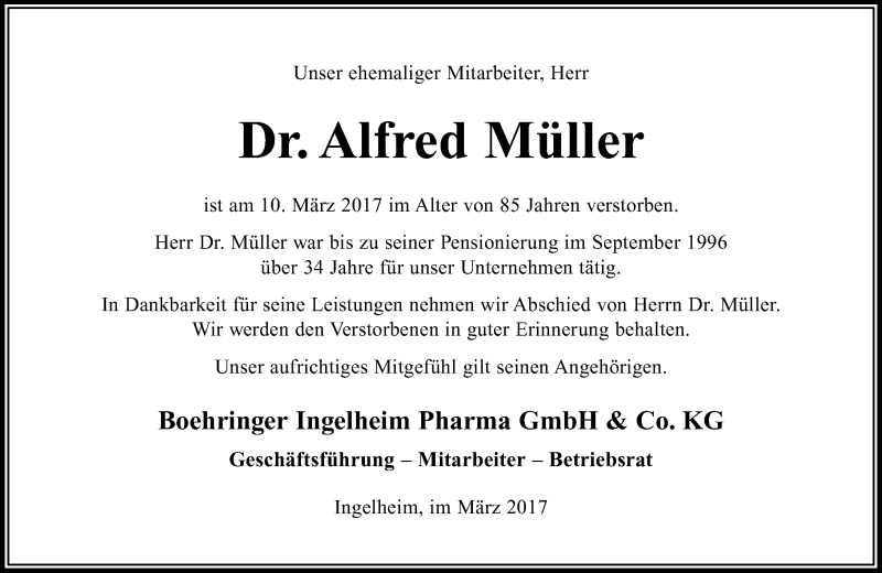  Traueranzeige für Alfred Müller vom 29.03.2017 aus Trauerportal Rhein Main Presse