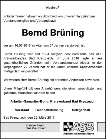 Traueranzeige von Bernd Brüning von Trauerportal Rhein Main Presse