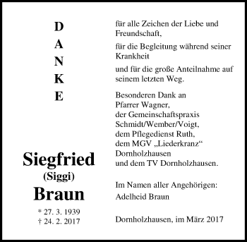 Traueranzeige von Siegfried  Braun von  Gießener Anzeiger
